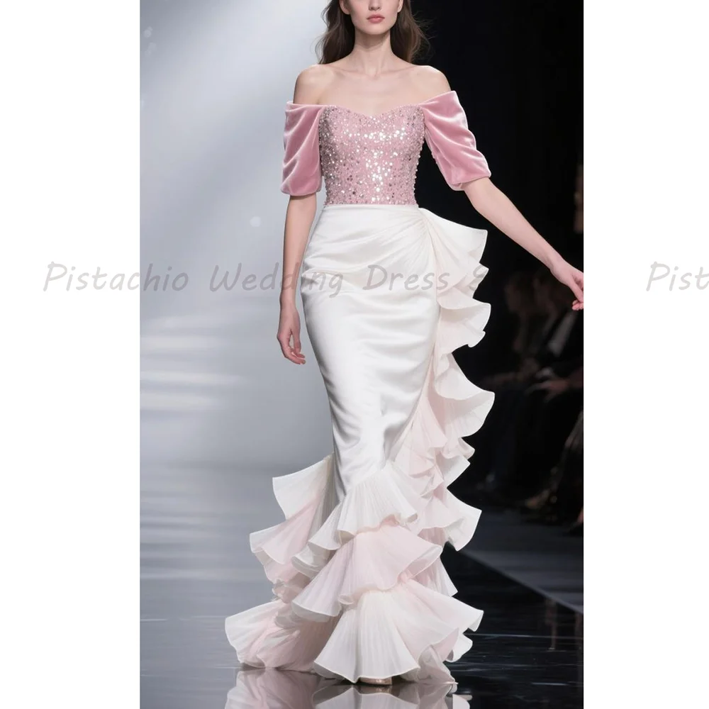 Off The Shoulder Evening Gown Sweetheart Neck Sequin Top Satin Mermaid Skirt Tiered Ruffle Formal Prom Dress
Off The Shoulder Evening Gown Sweetheart Neck Sequin Top Satin Mermaid Skirt Tiered Ruffle Formal Prom Dress