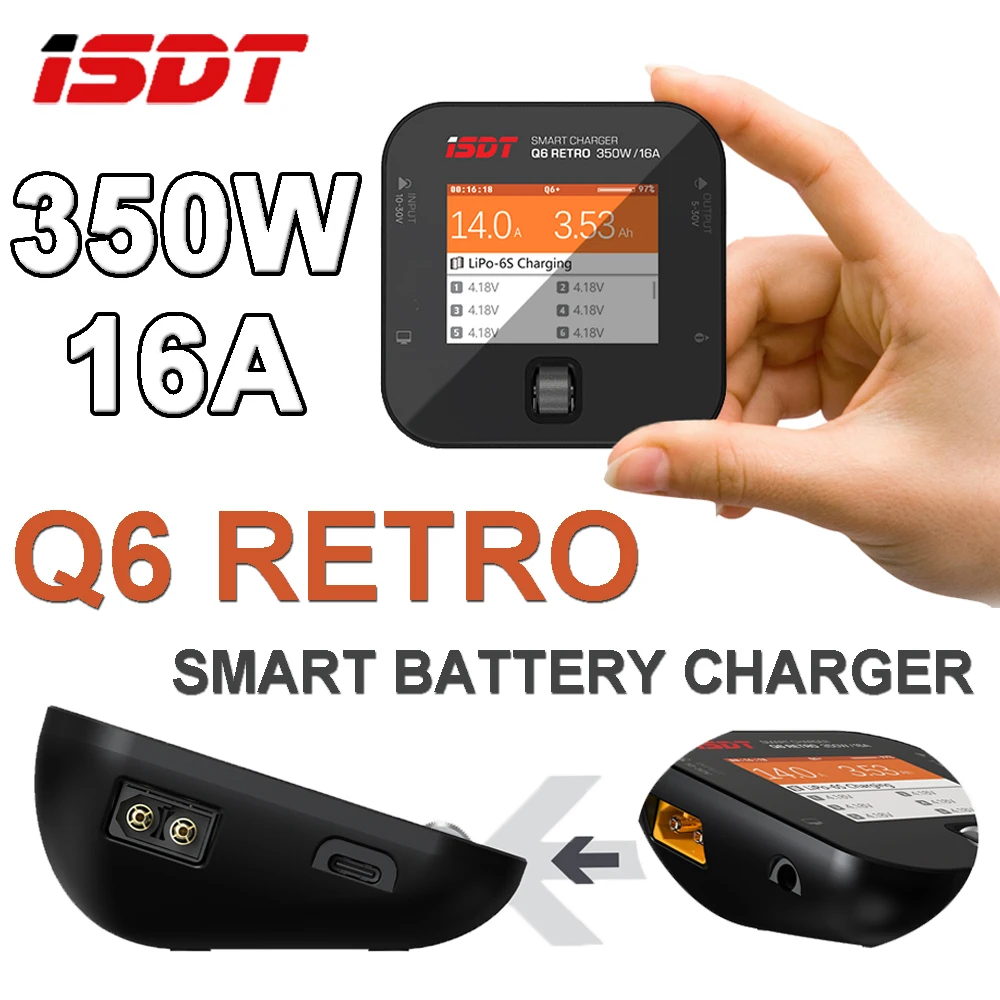 ISDT Q6 Retro 350W/16A Smart Battery Charger DC 10-30V Adjustable Angle 2.4inch IPS Display for 2-6S Digital Battery LiFe/LiPo
ISDT Q6 Retro 350W/16A Smart Battery Charger DC 10-30V Adjustable Angle 2.4inch IPS Display for 2-6S Digital Battery LiFe/LiPo