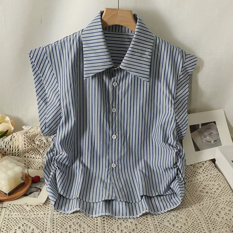 Fashion Vintage Design Shirts Striped Pleated Turn Down Collar Sleeveless Blouses Summer All Match Casual Women's Clothing
Fashion Vintage Design Shirts Striped Pleated Turn Down Collar Sleeveless Blouses Summer All Match Casual Women's Clothing