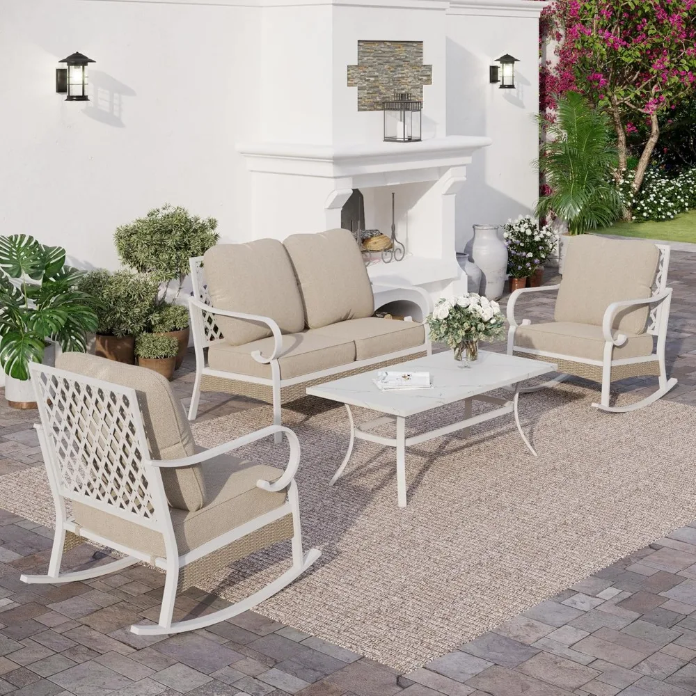 4 Piece Metal Outdoor Patio Furniture Sets, 2 Single Sofa with 5.75" Thick Cushion and Coffee Table, Backyard Furniture
4 Piece Metal Outdoor Patio Furniture Sets, 2 Single Sofa with 5.75" Thick Cushion and Coffee Table, Backyard Furniture
