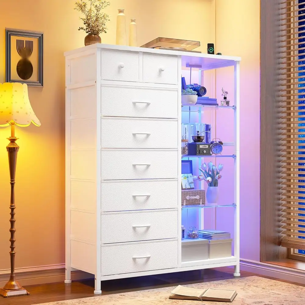 54 High Bedroom Dresser with LED Lights, Power Outlets, 8 Drawers, Fabric Drawers, Chests, Shelves, Metal Frame, White Acrylic P
54 High Bedroom Dresser with LED Lights, Power Outlets, 8 Drawers, Fabric Drawers, Chests, Shelves, Metal Frame, White Acrylic P