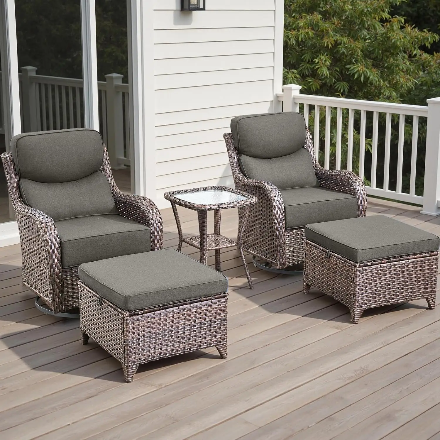 5pc Wicker Patio Conversation Set Swivel Rocker Chairs Ottoman Side Table 6in Cushion Waterproof Porch Deck Customized
5pc Wicker Patio Conversation Set Swivel Rocker Chairs Ottoman Side Table 6in Cushion Waterproof Porch Deck Customized
