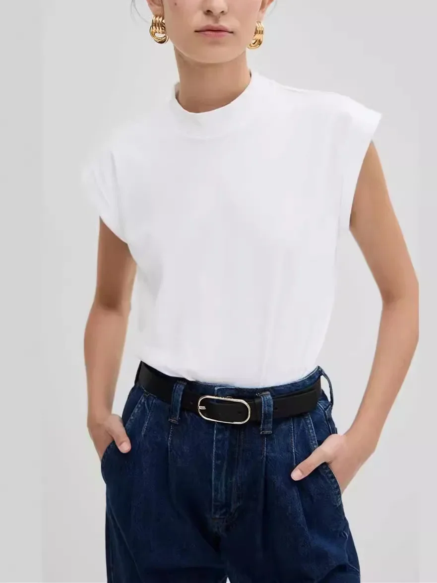 Women Stand Collar White Tee Tops Cotton Sleeveless Simple All-Match Ladies Summer New 2024 Tshirt
Women Stand Collar White Tee Tops Cotton Sleeveless Simple All-Match Ladies Summer New 2024 Tshirt