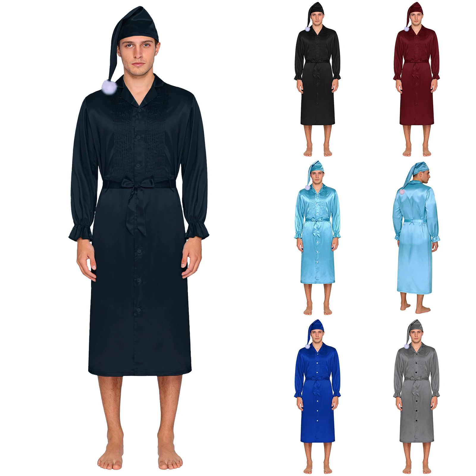 Mens Vintage Satin Sissy Nightgown with Hat Long Sleeve Pleated Chest Front Button-down Robe with Belt Pajamas Halloween Party
Mens Vintage Satin Sissy Nightgown with Hat Long Sleeve Pleated Chest Front Button-down Robe with Belt Pajamas Halloween Party