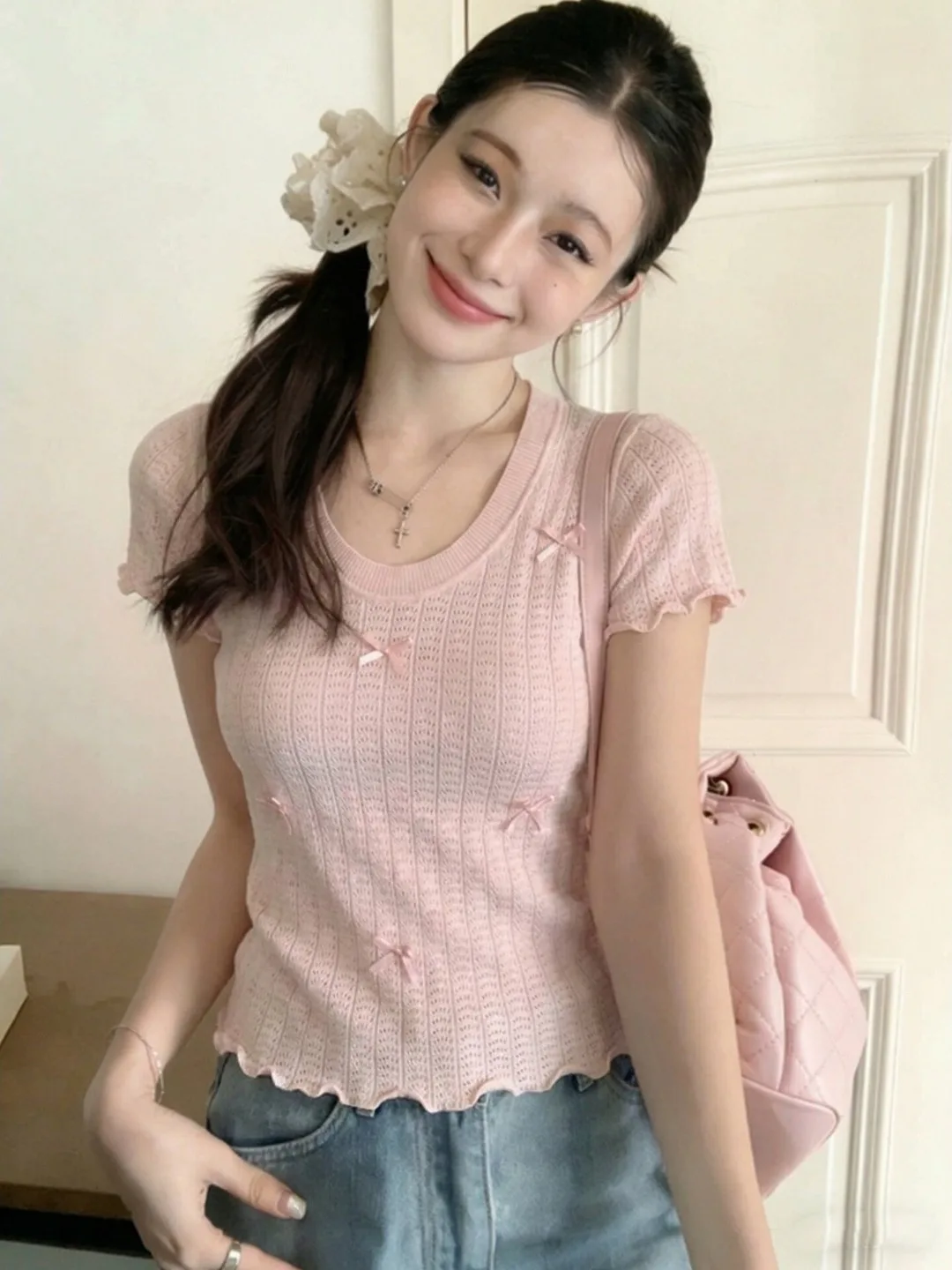 Pink Knot Short Sleeve Knitted T-Shirt Women's Summer New Style Slimming Sweet Young Looking Daily Top
Pink Knot Short Sleeve Knitted T-Shirt Women's Summer New Style Slimming Sweet Young Looking Daily Top