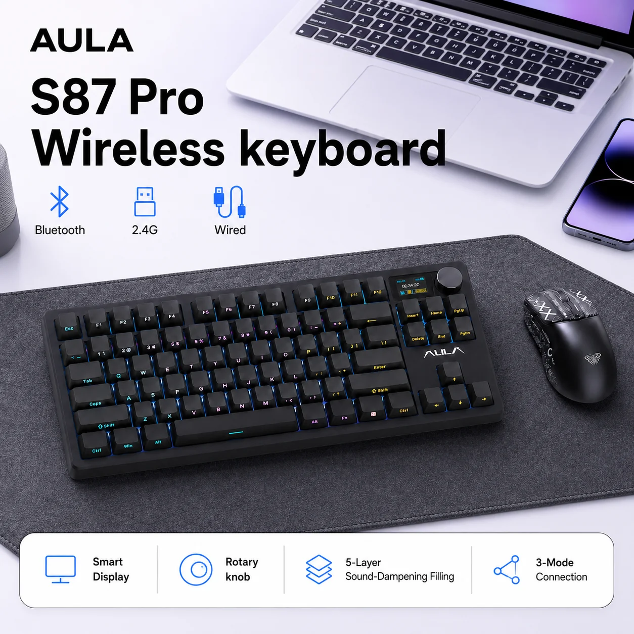 AULA S87Pro Mechanical Keyboard Backlight Wired 87% layout Custom Hot Swappable Wireless Bluetooth Gaming Keyboard Combo