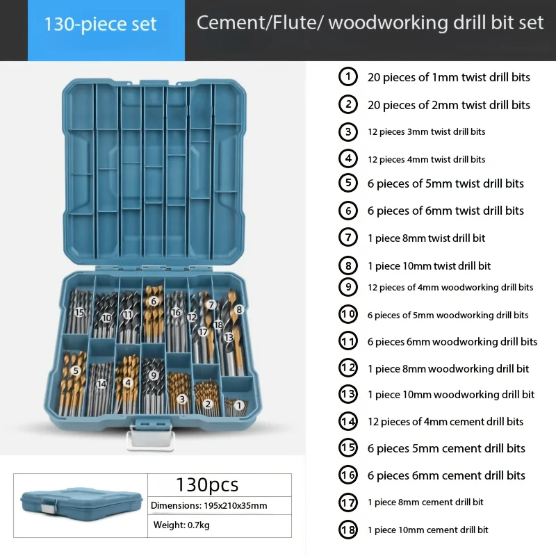 130Pcs Multi-Purpose Drill Bit Kit, HSS Twist, Masonry & Woodworking Bits for DIY & Home Use
130Pcs Multi-Purpose Drill Bit Kit, HSS Twist, Masonry & Woodworking Bits for DIY & Home Use