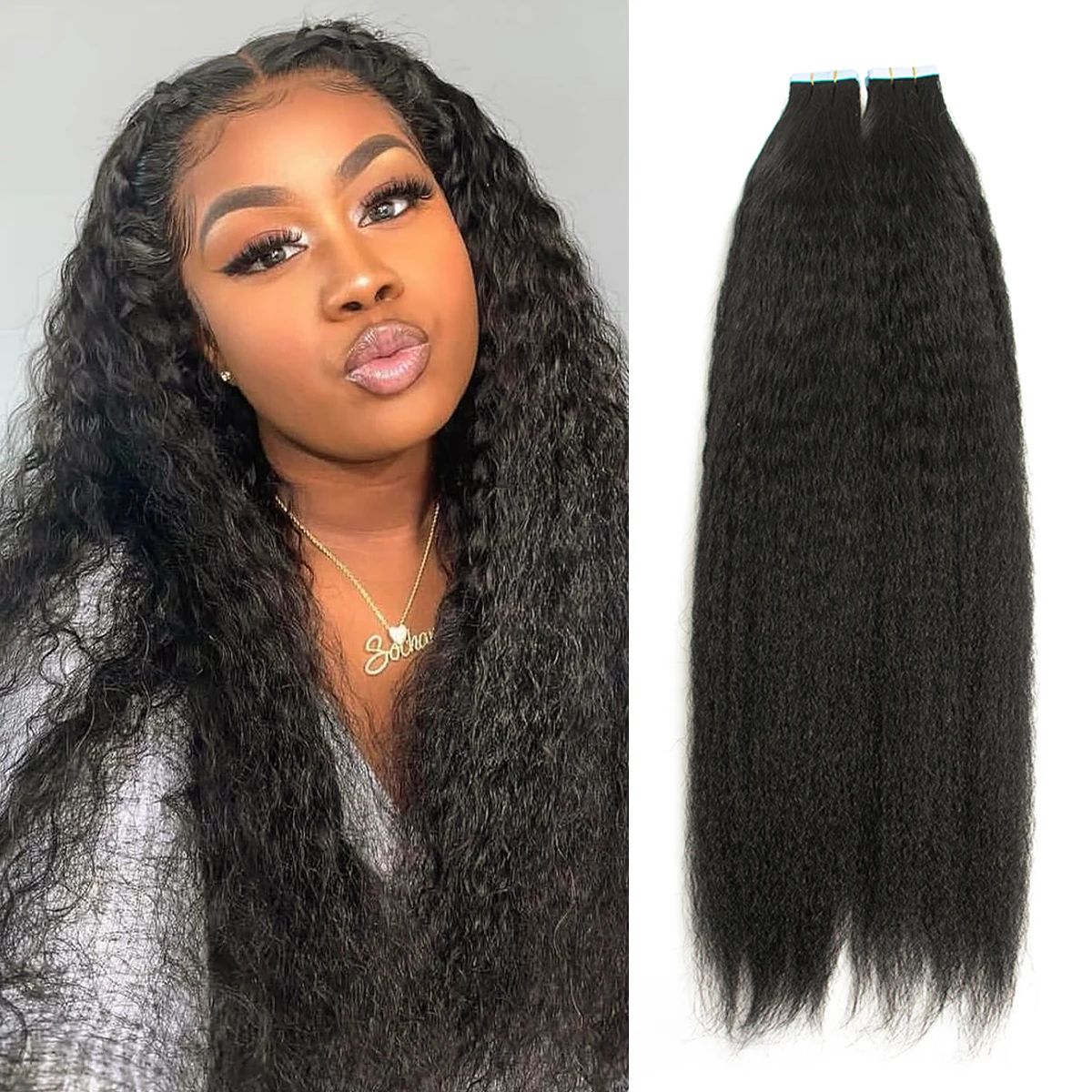 Kinky Straight Tape in Human Hair Extensions Yaki Tape Ins Cuticle Remy Natural Black 1B 20PCS/pack With Free Glue 12-24inch
Kinky Straight Tape in Human Hair Extensions Yaki Tape Ins Cuticle Remy Natural Black 1B 20PCS/pack With Free Glue 12-24inch