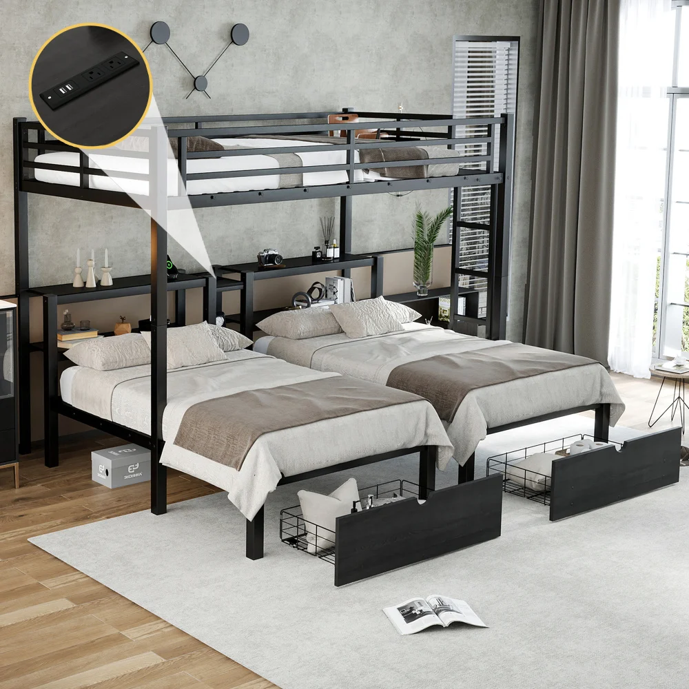 Full XL Over Twin & Twin Triple Bunk Bed with Drawers, Multi-functional Metal Frame Bed, Bed Head with Shelving & USB, Black
Full XL Over Twin & Twin Triple Bunk Bed with Drawers, Multi-functional Metal Frame Bed, Bed Head with Shelving & USB, Black