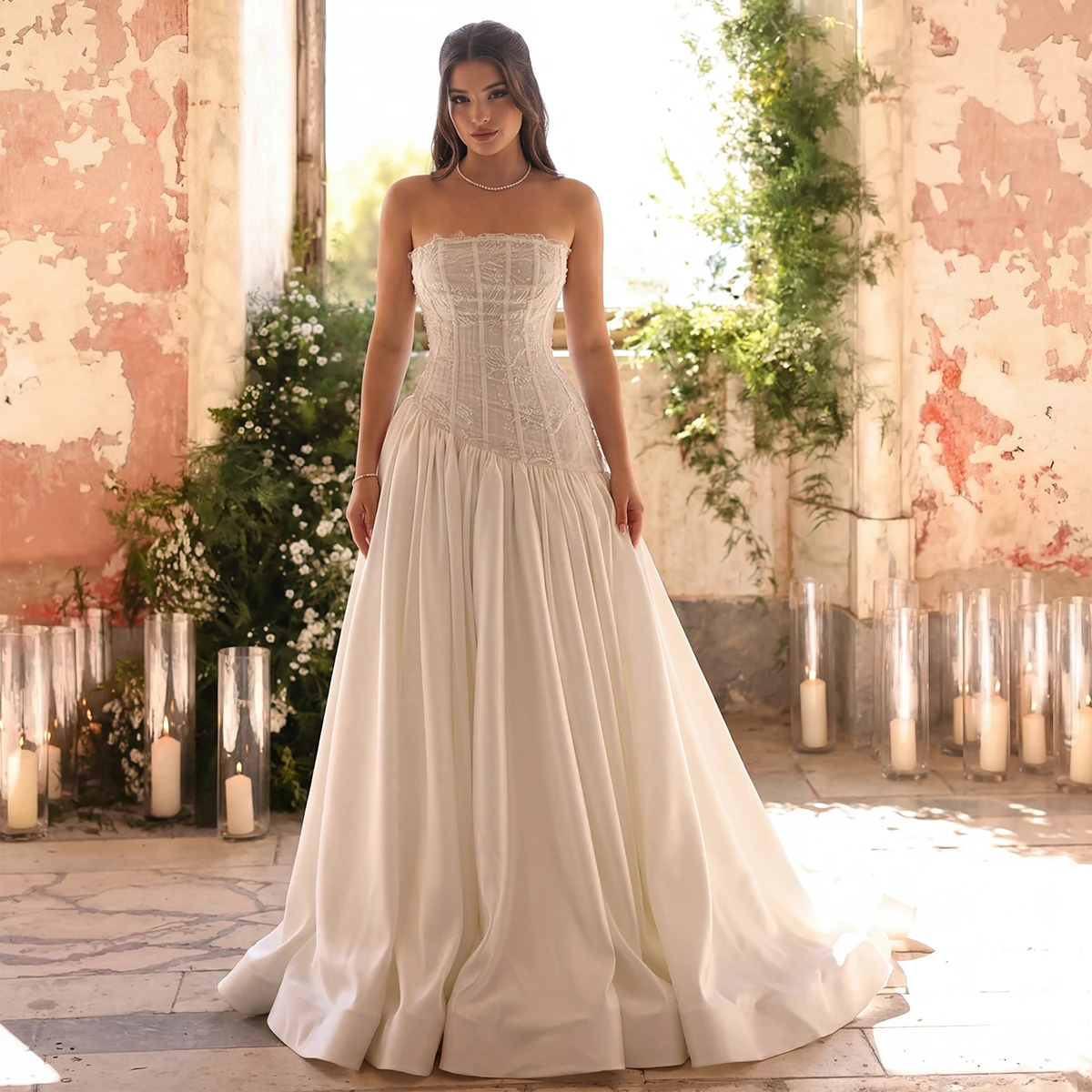 Luxury Lace Strapless Wedding Dress With Train Long Appliques Ball Gown Satin BacklessBridal Party Gown For Bride Vestidos Novia
Luxury Lace Strapless Wedding Dress With Train Long Appliques Ball Gown Satin BacklessBridal Party Gown For Bride Vestidos Novia