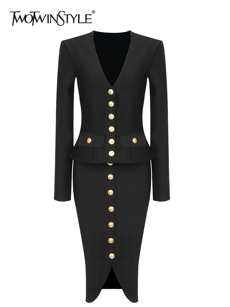 TWOTWINSTYLE Solid Slimming Two Piece Sets For Women V Neck Long Sleeve Tops High Waist Bodycon Skirt Elegant Set Female 2023
TWOTWINSTYLE Solid Slimming Two Piece Sets For Women V Neck Long Sleeve Tops High Waist Bodycon Skirt Elegant Set Female 2023