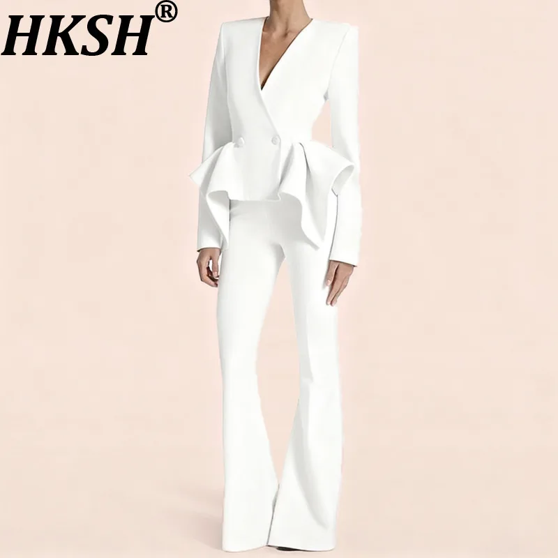 HKSH Spring Autumn New Woman Two-piece Suit Set V-neck Double Breasted Ruched Blazer Solid Color Flare Pants Office Lady HK15063
HKSH Spring Autumn New Woman Two-piece Suit Set V-neck Double Breasted Ruched Blazer Solid Color Flare Pants Office Lady HK15063