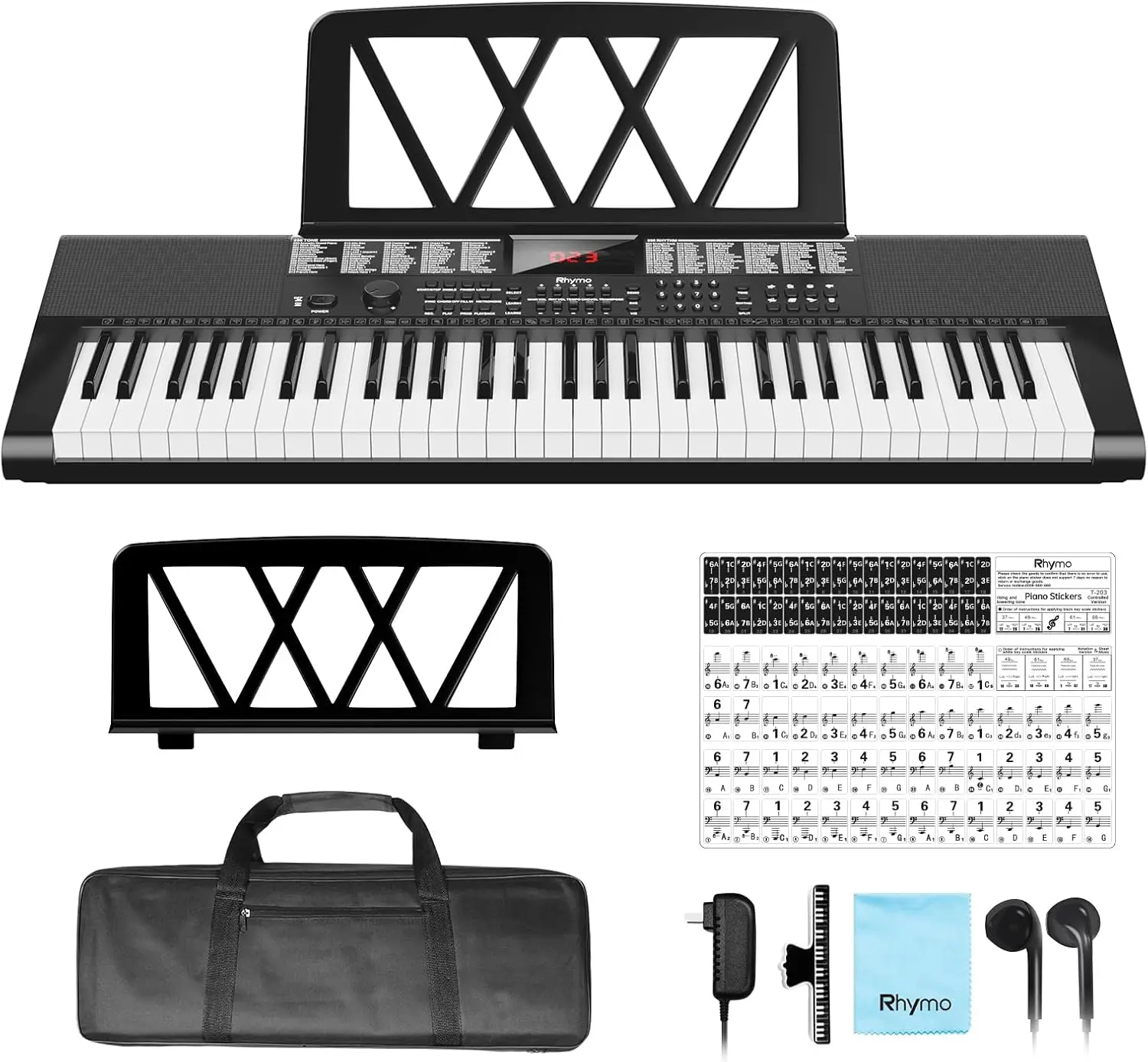 61 Keys Electric Piano Keyboard Kit with 255 Voices, Rhythms, LCD Display, Includes Stand, Stickers, Earbuds - Black
61 Keys Electric Piano Keyboard Kit with 255 Voices, Rhythms, LCD Display, Includes Stand, Stickers, Earbuds - Black