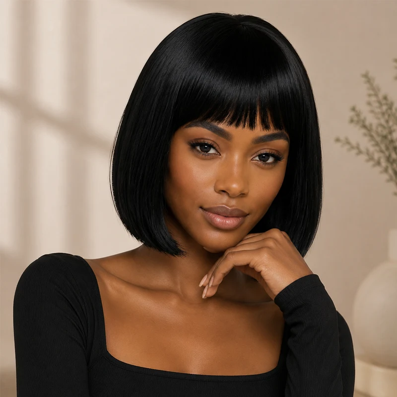 12-inch black synthetic bangs straight hair wig for women. Stylish, elegant, comfortable to wear, suitable for everyday wear.
12-inch black synthetic bangs straight hair wig for women. Stylish, elegant, comfortable to wear, suitable for everyday wear.