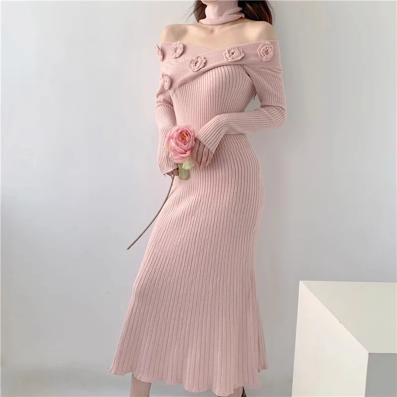 Pink Flower Knitted Dress For Women In Autumn And Winter, One Shoulder Design, Slim Fit And Unique Long Skirt
Pink Flower Knitted Dress For Women In Autumn And Winter, One Shoulder Design, Slim Fit And Unique Long Skirt