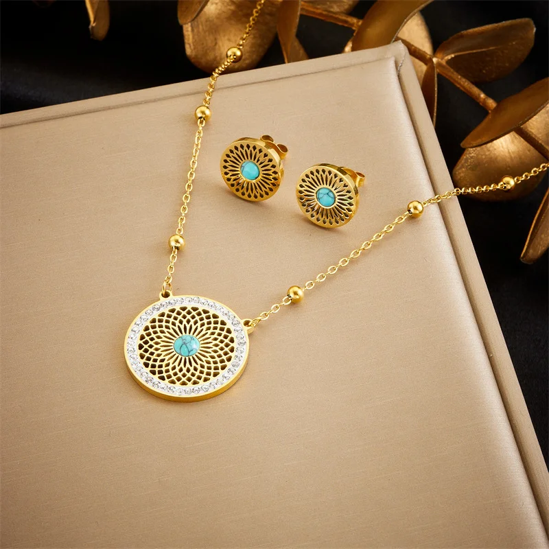 18K Gold Turquoise Mandala Jewelry Set with Cubic Zirconia Necklace & Stud Earrings 316L Stainless Steel Women Boho
18K Gold Turquoise Mandala Jewelry Set with Cubic Zirconia Necklace & Stud Earrings 316L Stainless Steel Women Boho