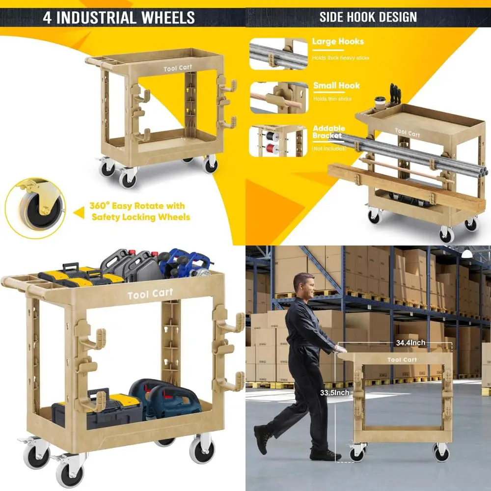 Utility Rolling Tool Cart,34x 17 Plastic Utility Carts on Wheels, 2 Shelf 850lbs Heavy Duty Cart&Hook, Service Cart for Warehous
Utility Rolling Tool Cart,34x 17 Plastic Utility Carts on Wheels, 2 Shelf 850lbs Heavy Duty Cart&Hook, Service Cart for Warehous