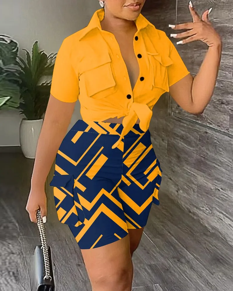Summer Casual Button Shirt And Shorts Two Piece Set For Women Women's Pocket Print Short Sets Women Office Ladies Elegant Suit
Summer Casual Button Shirt And Shorts Two Piece Set For Women Women's Pocket Print Short Sets Women Office Ladies Elegant Suit