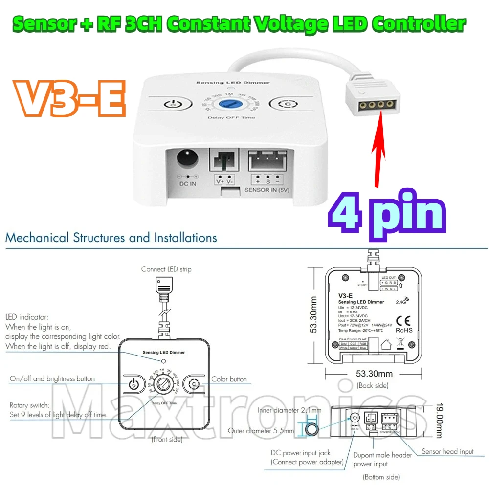 12-24VDC Sensor + RF 3CH Constant Voltage LED Controller V3-E 1CH*6.5A Control Distance 30M for Single Color CCT RGB LED Strips
12-24VDC Sensor + RF 3CH Constant Voltage LED Controller V3-E 1CH*6.5A Control Distance 30M for Single Color CCT RGB LED Strips