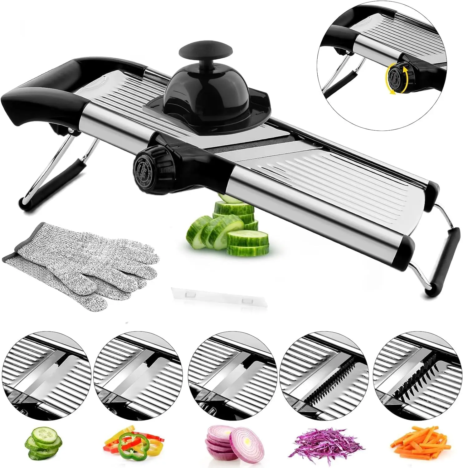Adjustable Stainless Steel Mandoline Slicer for Kitchen with Safety Gloves, Cuts Vegetables and Fruits Easily
Adjustable Stainless Steel Mandoline Slicer for Kitchen with Safety Gloves, Cuts Vegetables and Fruits Easily