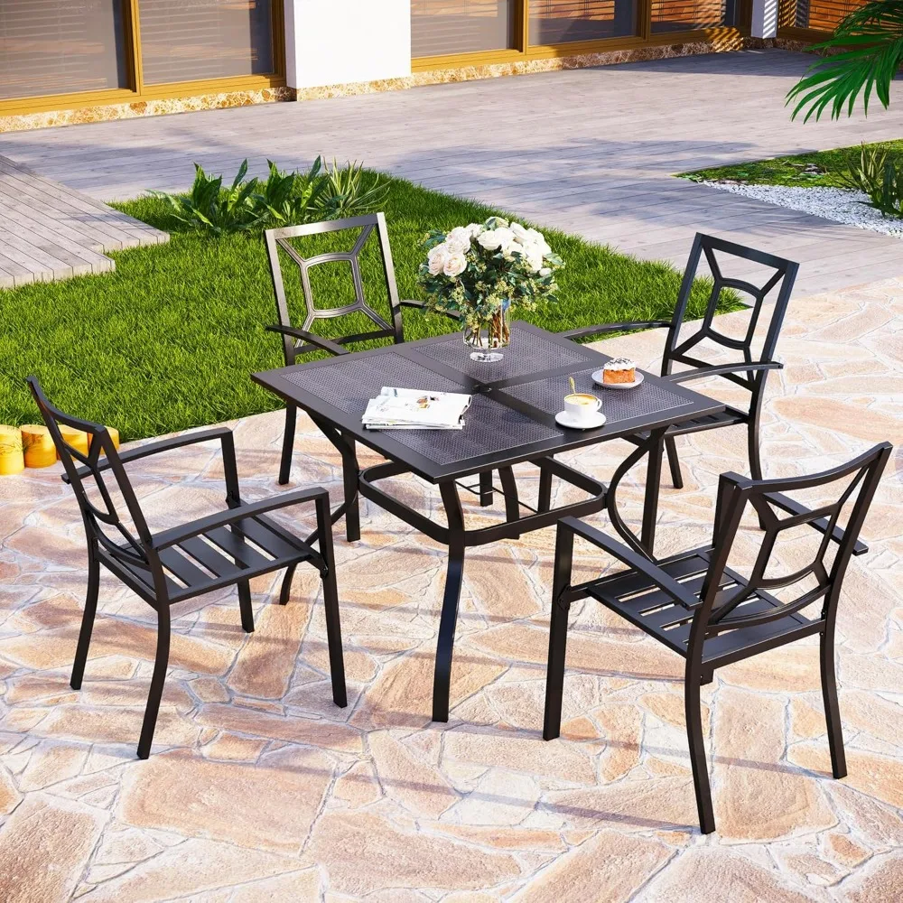 5 Piece Outdoor Dining Set, Square Metal Mesh Table with 1.57” Umbrella Hole & 4 Metal Chairs for Patio, Deck, Yard
5 Piece Outdoor Dining Set, Square Metal Mesh Table with 1.57” Umbrella Hole & 4 Metal Chairs for Patio, Deck, Yard