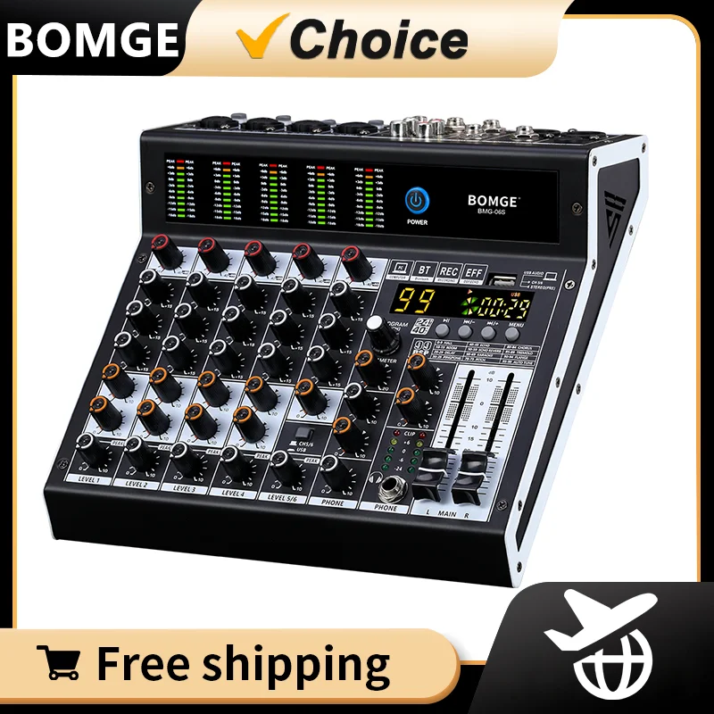 BOMGE 06S Professional audio mixer 6 Channel Mixing Console with 99 DSP Effect ,+48V Phantom, Bluetooth ,for studio recording
BOMGE 06S Professional audio mixer 6 Channel Mixing Console with 99 DSP Effect ,+48V Phantom, Bluetooth ,for studio recording
