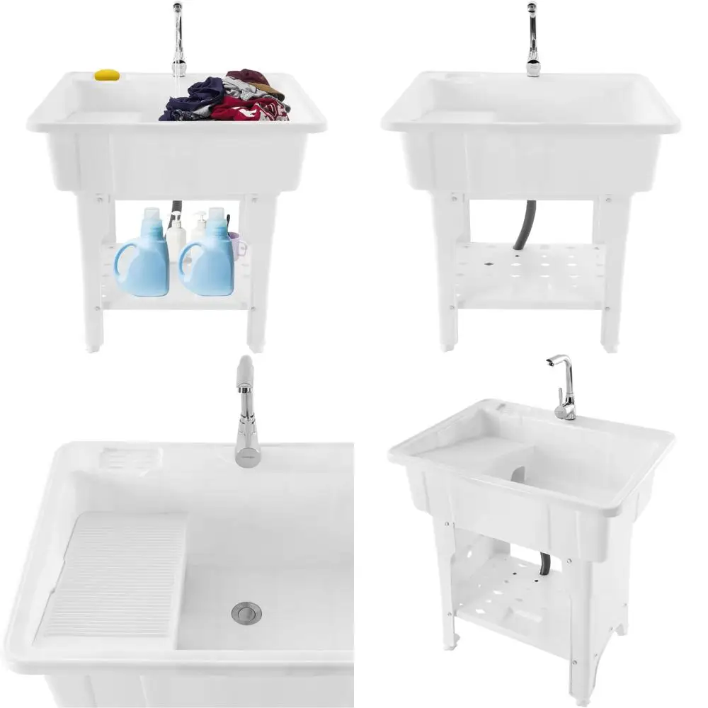 Plastic Freestanding Laundry Tub Sink with Washboard, Faucet, and Drain Kit for Washing Room Utility Use
Plastic Freestanding Laundry Tub Sink with Washboard, Faucet, and Drain Kit for Washing Room Utility Use
