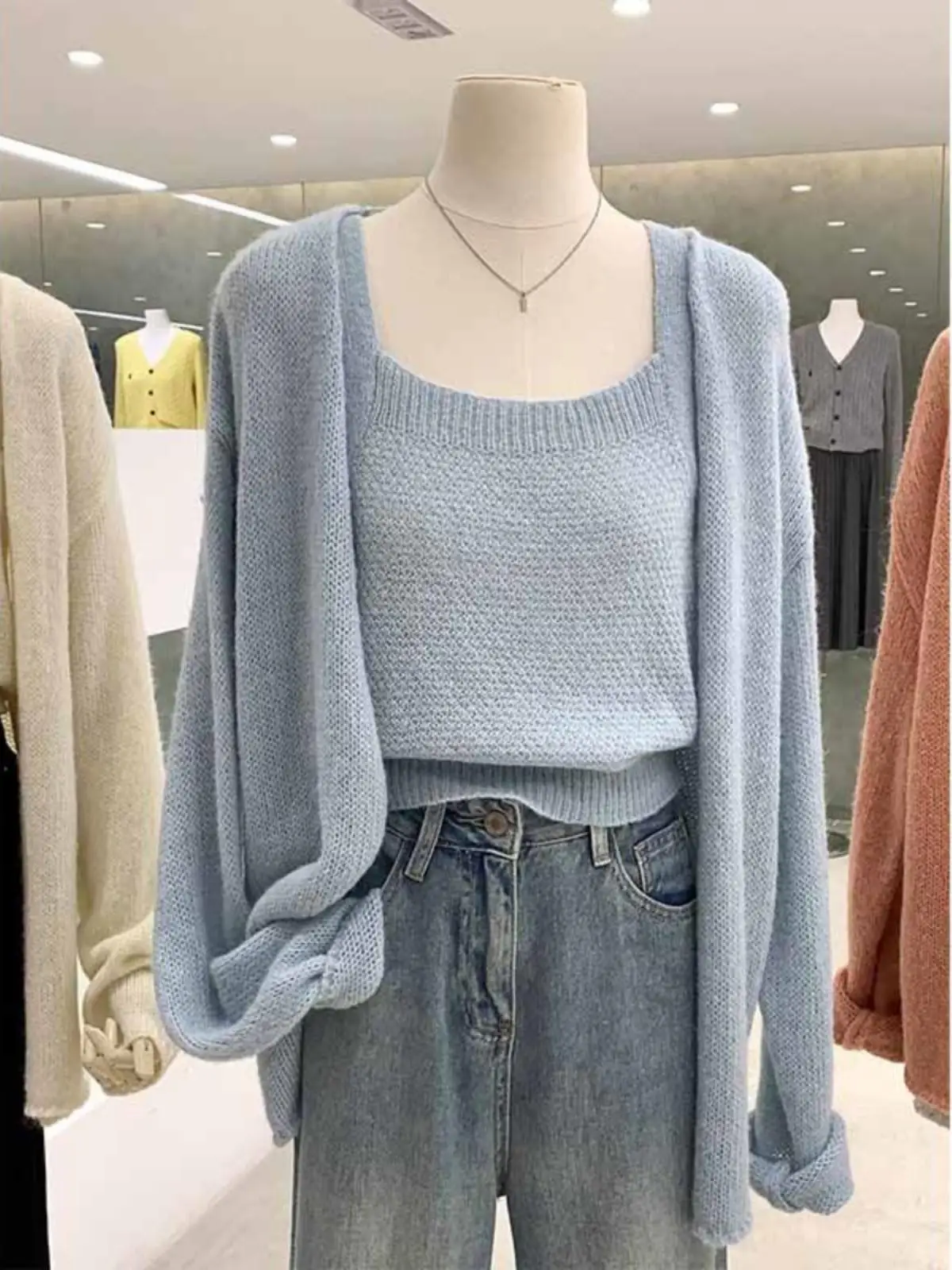 Loose Knit Sweater Cardigan With Spaghetti Strap Vest Spring Autumn Long Sleeved Solid Versatile Jacket Women's Casual Top
Loose Knit Sweater Cardigan With Spaghetti Strap Vest Spring Autumn Long Sleeved Solid Versatile Jacket Women's Casual Top