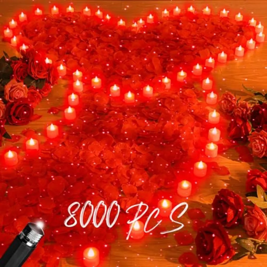 8000 Pcs Artificial Rose Petals with 120 Pcs Flameless LED Tea Light Candles Set Romantic Special Night Decorations for Proposa
8000 Pcs Artificial Rose Petals with 120 Pcs Flameless LED Tea Light Candles Set Romantic Special Night Decorations for Proposa