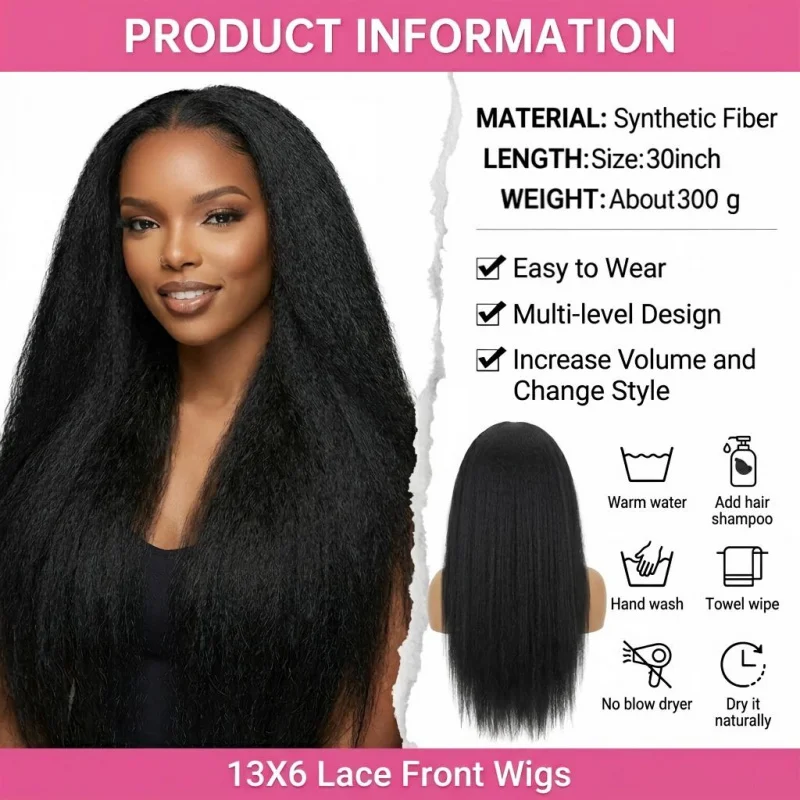 30 Inch Black Kinky Straight 13×6 Lace Front Synthetic Wig, 300g Thick Fiber, Voluminous, Easy Wear, Hand Wash & Air Dry
30 Inch Black Kinky Straight 13×6 Lace Front Synthetic Wig, 300g Thick Fiber, Voluminous, Easy Wear, Hand Wash & Air Dry