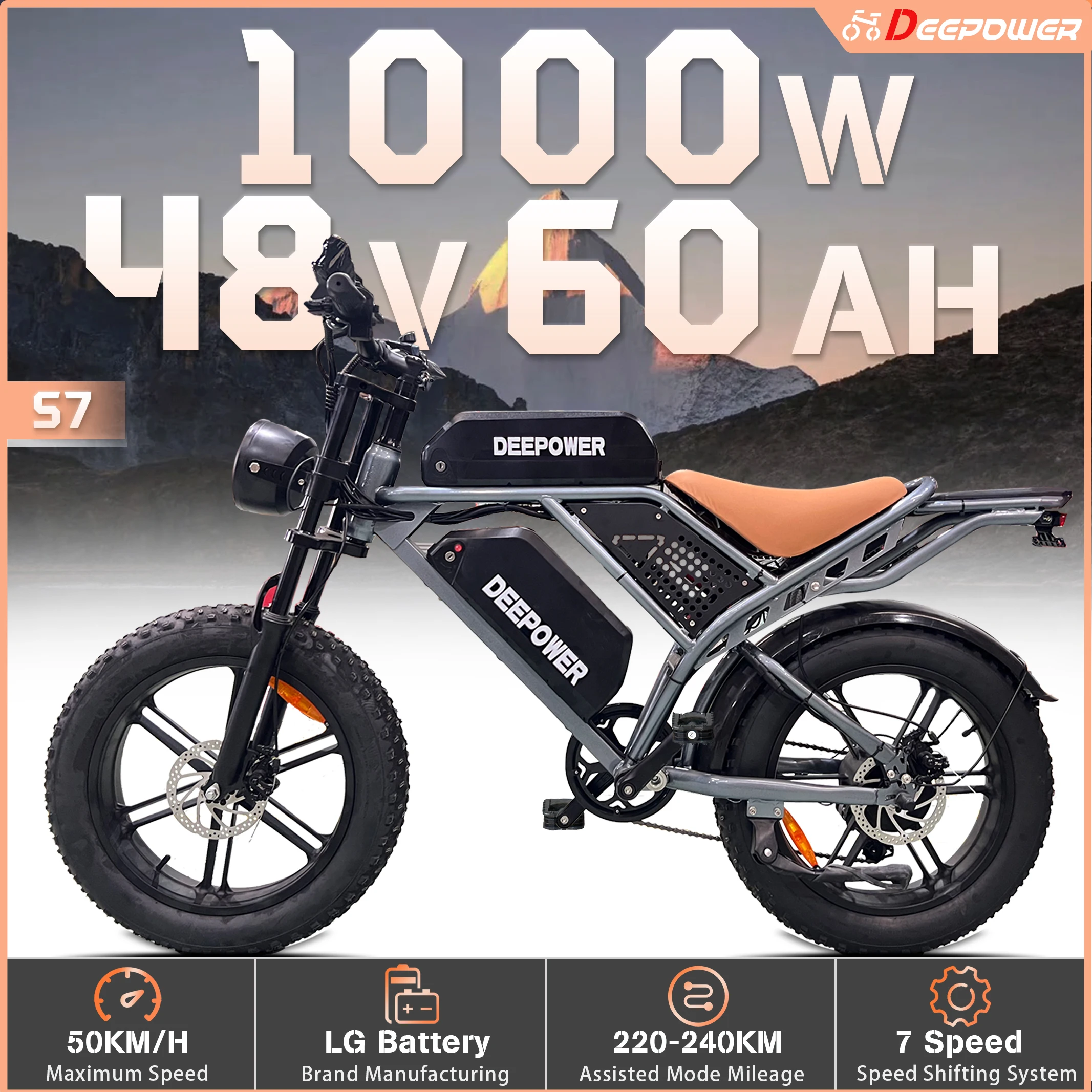 DEEPOWER S7 Внедорожный электрический велосипед для двигателя 1000 Вт, горный электровелосипед для взрослых с батареей LG 48 В, 60 Ач, вездеходный мотоцикл
DEEPOWER S7 Внедорожный электрический велосипед для двигателя 1000 Вт, горный электровелосипед для взрослых с батареей LG 48 В, 60 Ач, вездеходный мотоцикл