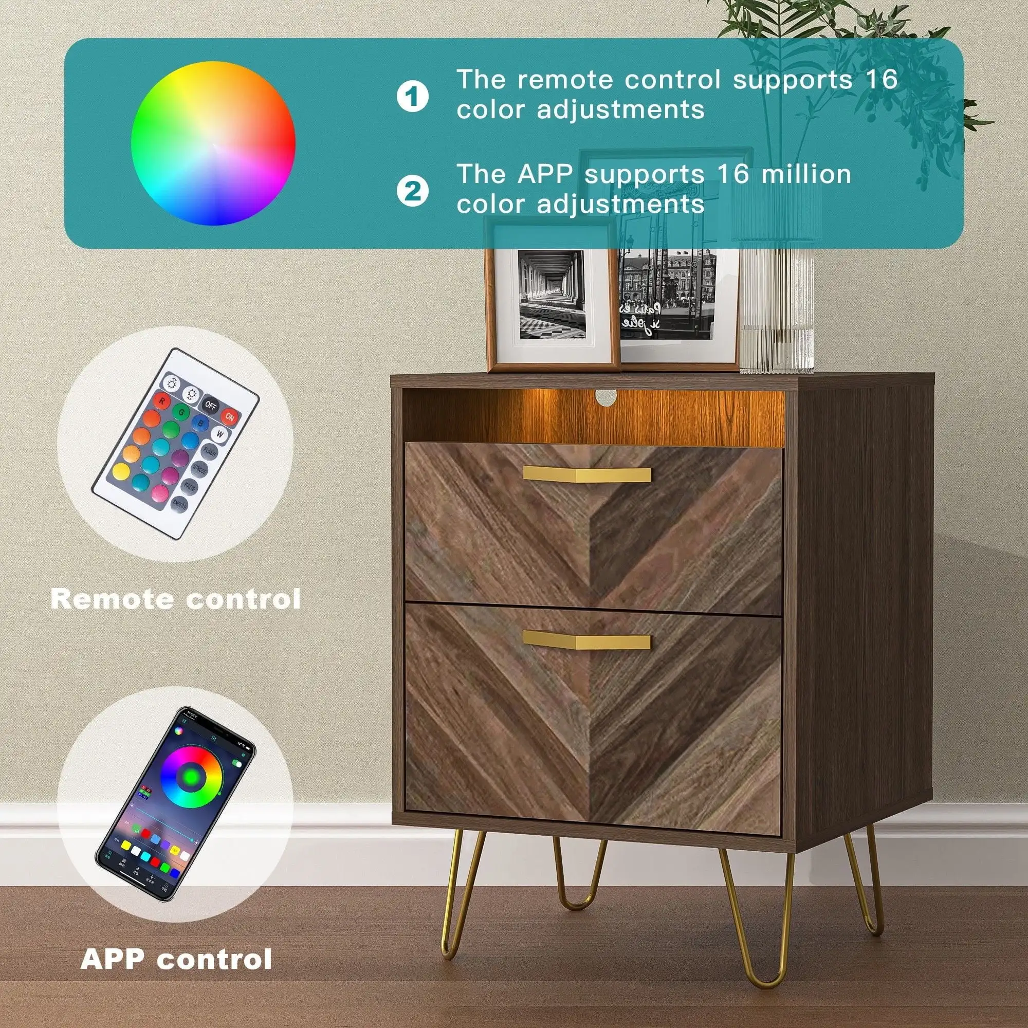 Modern LED Nightstand, Rustic Brown & Matte Gold, App-Controlled Light, 2 Drawers, Anti-Tip, for Bedroom, Living Room, Balcony
Modern LED Nightstand, Rustic Brown & Matte Gold, App-Controlled Light, 2 Drawers, Anti-Tip, for Bedroom, Living Room, Balcony