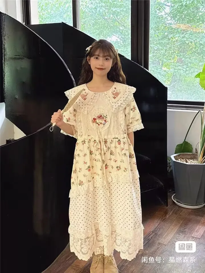 Mori Girl Embroidery Flower Print Dress Women Summer Japanese Lace Peter Pan Collar Patchwork Cotton Dress Loose Vestidos
Mori Girl Embroidery Flower Print Dress Women Summer Japanese Lace Peter Pan Collar Patchwork Cotton Dress Loose Vestidos