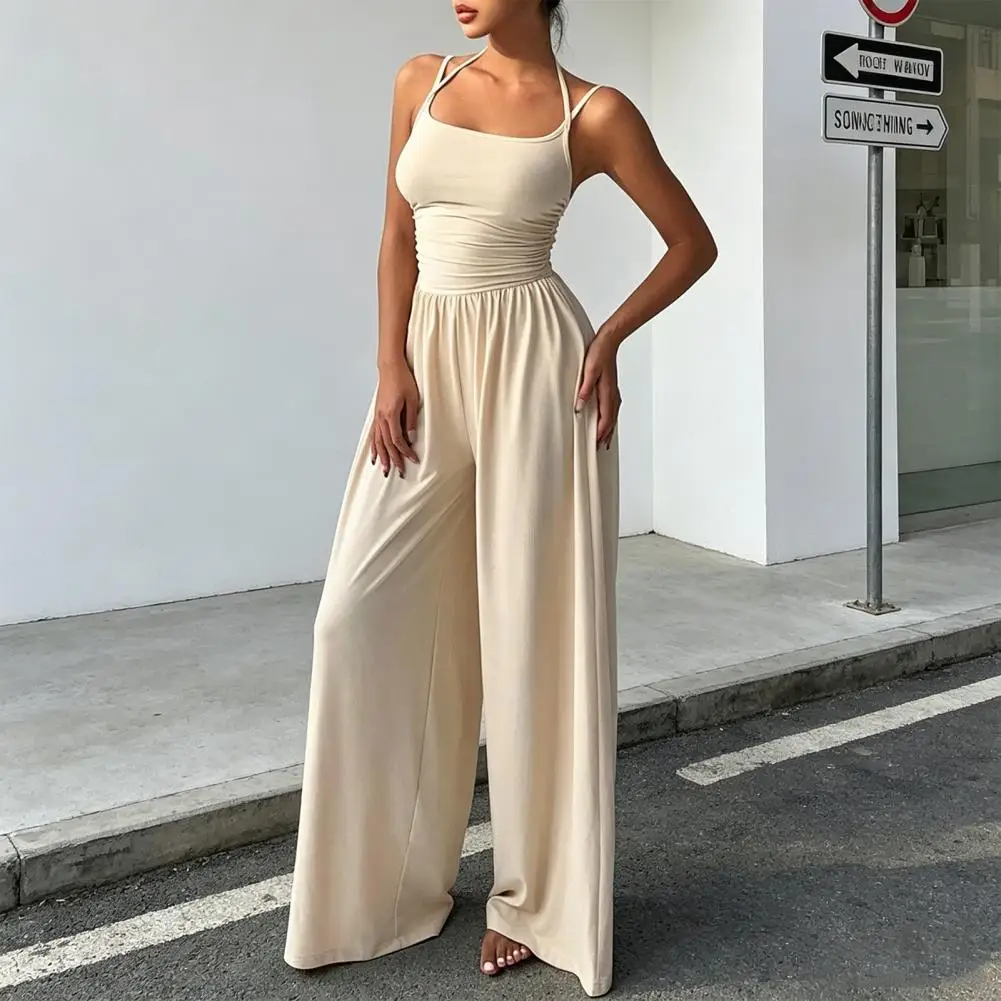Women's Casual Solid Color Pleating Loose Straight Jumpsuit A-line Backless Halter Neck Slim Cami Jumpsuit Streetwear roupas fem
Women's Casual Solid Color Pleating Loose Straight Jumpsuit A-line Backless Halter Neck Slim Cami Jumpsuit Streetwear roupas fem