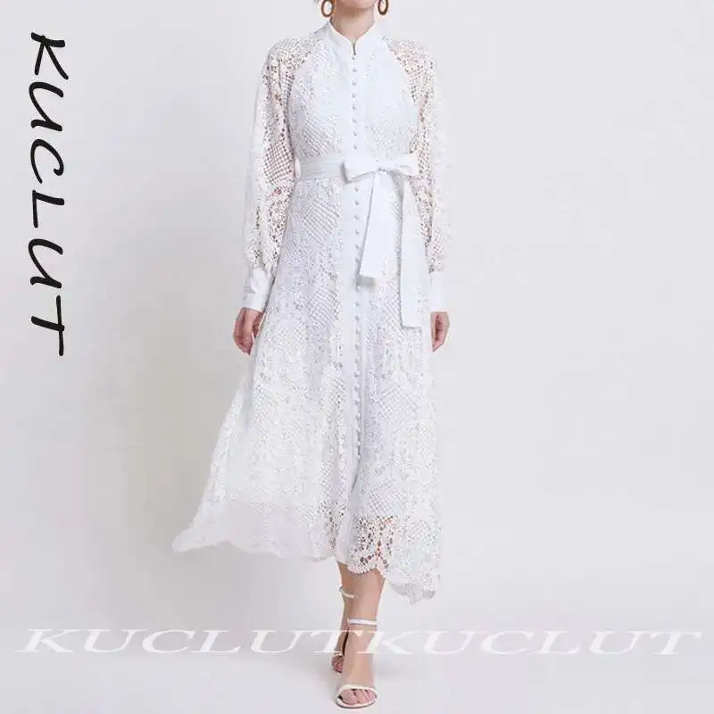 KUCLUT 2025 Fashion Lace Hollow Out Design Women's Dresses Solid Color Single-breasted Long Sleeve Lace-up Waisted Dress K224
KUCLUT 2025 Fashion Lace Hollow Out Design Women's Dresses Solid Color Single-breasted Long Sleeve Lace-up Waisted Dress K224