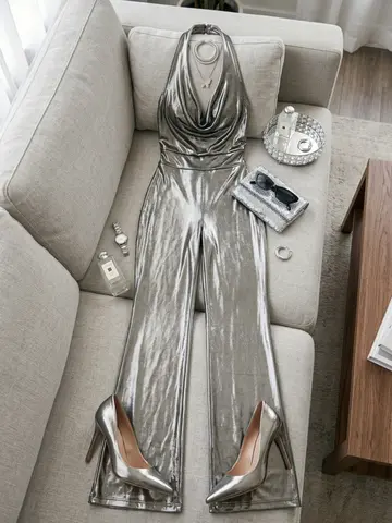 Women Halter Cowl Neck Jumpsuit Sleeveless High Waist Flared Wide Leg Romper For Evening Cocktail Club Party Occasion