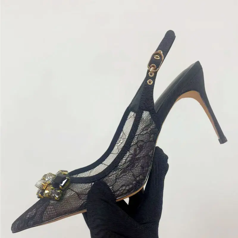 Summer New Women's High Heels Stilettos Pointed Toe Rhinestone Slingshot Shoes Dress Ankle Back Straps Sexy Black Lace Pumps
Summer New Women's High Heels Stilettos Pointed Toe Rhinestone Slingshot Shoes Dress Ankle Back Straps Sexy Black Lace Pumps