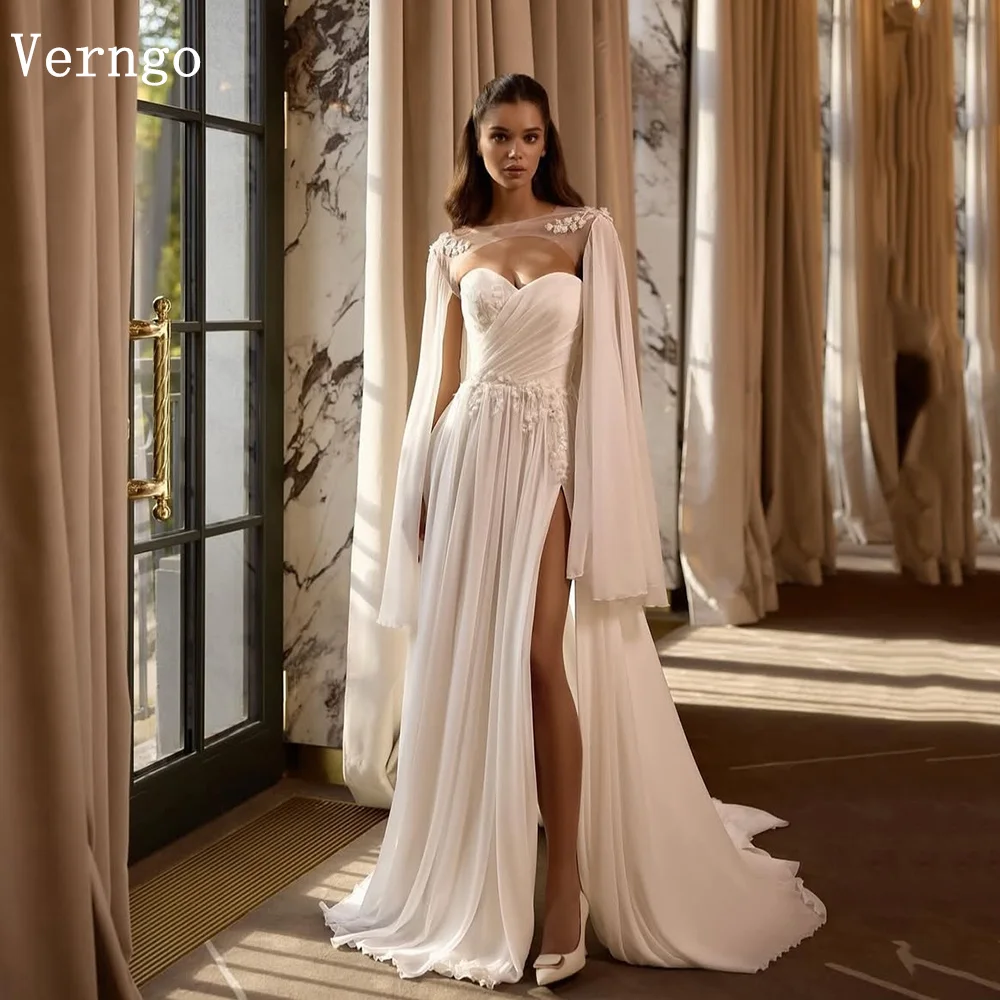 Verngo lvory Chiffon Appliques Bridal Gowns 2 in 1 Pearls Jacket Wedding Dresses A Line Sweap Train Bride Dress Customized
Verngo lvory Chiffon Appliques Bridal Gowns 2 in 1 Pearls Jacket Wedding Dresses A Line Sweap Train Bride Dress Customized