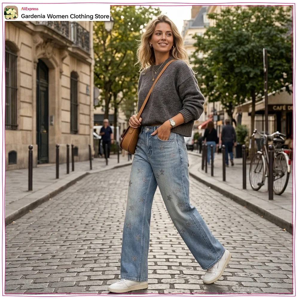 New Fashion Low Rise Wide Leg Rhinestone Jeans for Women Extra Long Cowgirls Pants Five-pocket Denim Pants with Rhinestone Stars
New Fashion Low Rise Wide Leg Rhinestone Jeans for Women Extra Long Cowgirls Pants Five-pocket Denim Pants with Rhinestone Stars