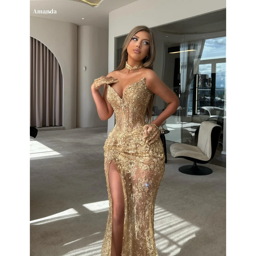 Amanda Customized Gold Strapless Sweetheart Corset Beaded Slit Mermaid Formal Evening Prom Dress vestidos de noche 2026 New
Amanda Customized Gold Strapless Sweetheart Corset Beaded Slit Mermaid Formal Evening Prom Dress vestidos de noche 2026 New