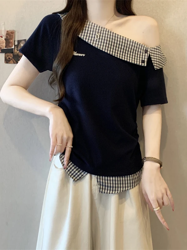 plus Size Women's Plaid Short Sleeve T-Shirt Shoulder Bared Splicing Design Summer New Style Slimming Versatile Korean Version
plus Size Women's Plaid Short Sleeve T-Shirt Shoulder Bared Splicing Design Summer New Style Slimming Versatile Korean Version