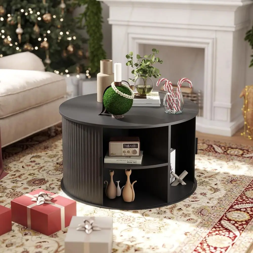 31.5 Luted Coffee Table with Storage, Round Coffee Table with Shelf, Sliding Door Center Table, Wood-Handled Living Room Furnitu
31.5 Luted Coffee Table with Storage, Round Coffee Table with Shelf, Sliding Door Center Table, Wood-Handled Living Room Furnitu