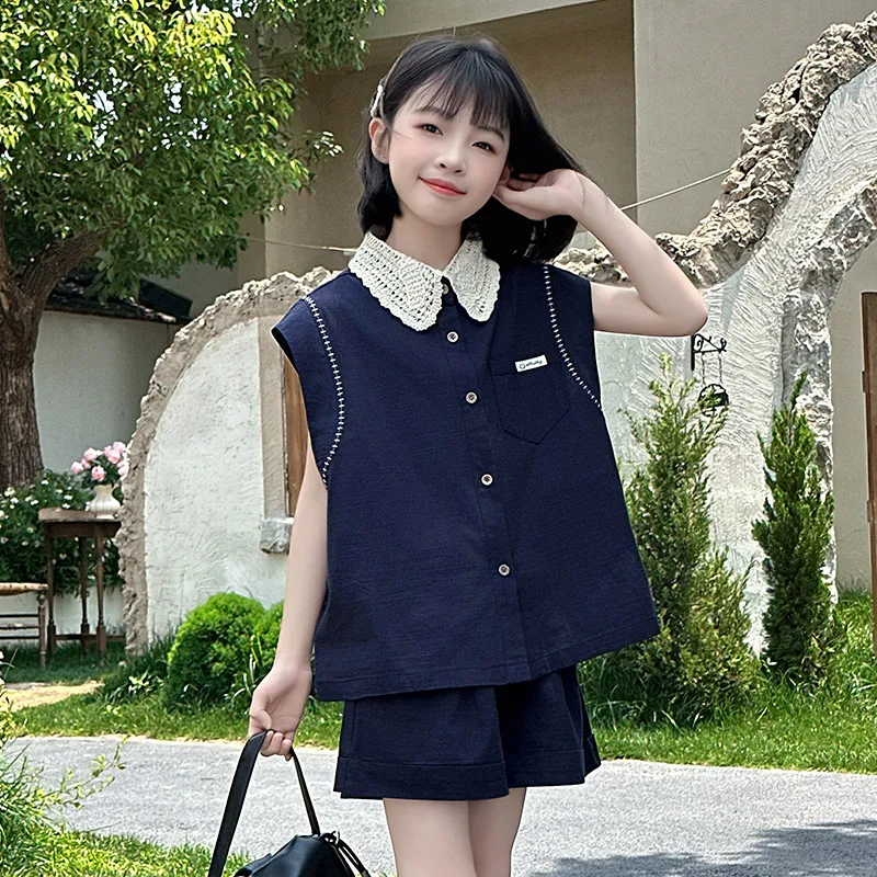 Children Lace Collar Summer Suit for Teenage Girls Casual Sleeveless Top and Bottom Clothes Set Kids Navy Outfit Two Pieces Suit
Children Lace Collar Summer Suit for Teenage Girls Casual Sleeveless Top and Bottom Clothes Set Kids Navy Outfit Two Pieces Suit