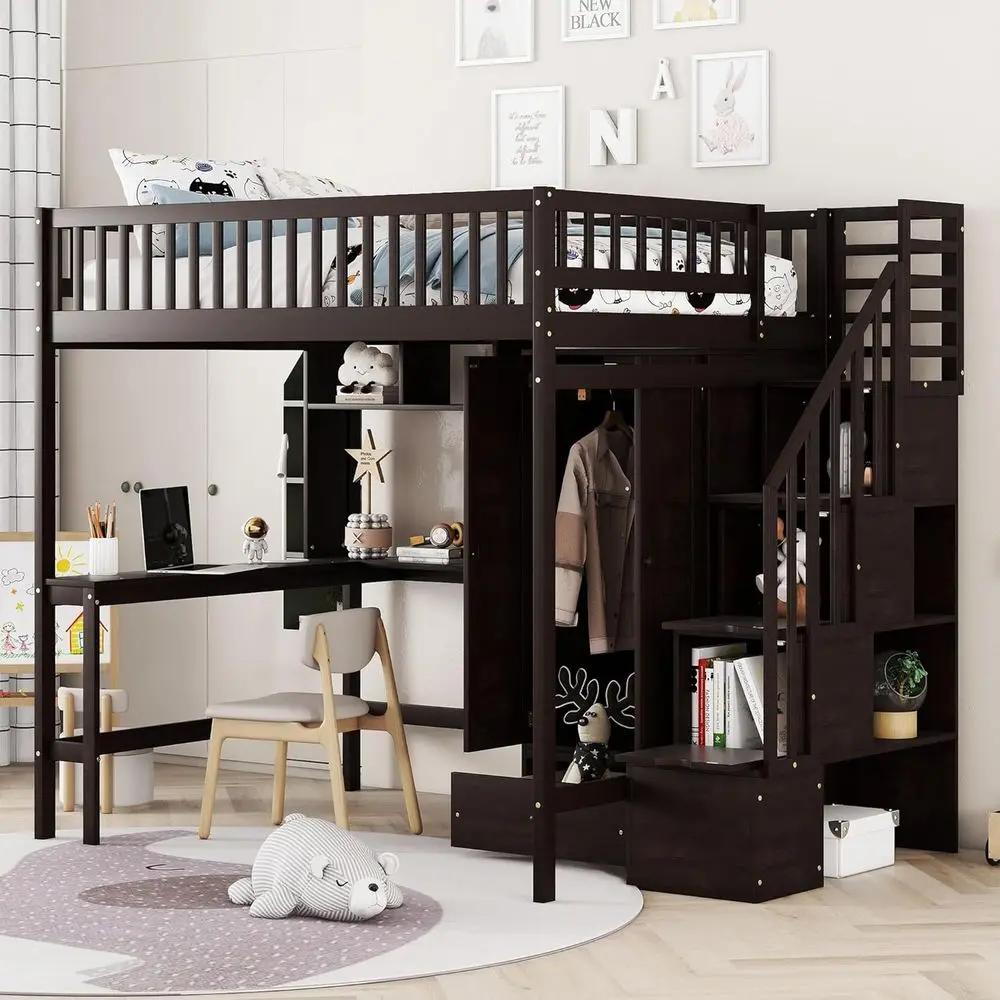 Full Size Loft Bed with Storage Steps, Desk, Bookshelf, Drawers, and Wardrobe, Solid Wood for Kids, Teens, and Adults
Full Size Loft Bed with Storage Steps, Desk, Bookshelf, Drawers, and Wardrobe, Solid Wood for Kids, Teens, and Adults