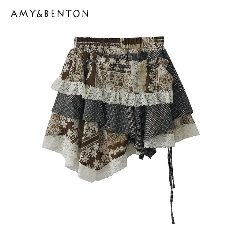 Summer New Vintage Forest-style Women's Irregular Plaid Floral Patchwork Lace-trimmed Short High-waisted Coffee Skirt
Summer New Vintage Forest-style Women's Irregular Plaid Floral Patchwork Lace-trimmed Short High-waisted Coffee Skirt