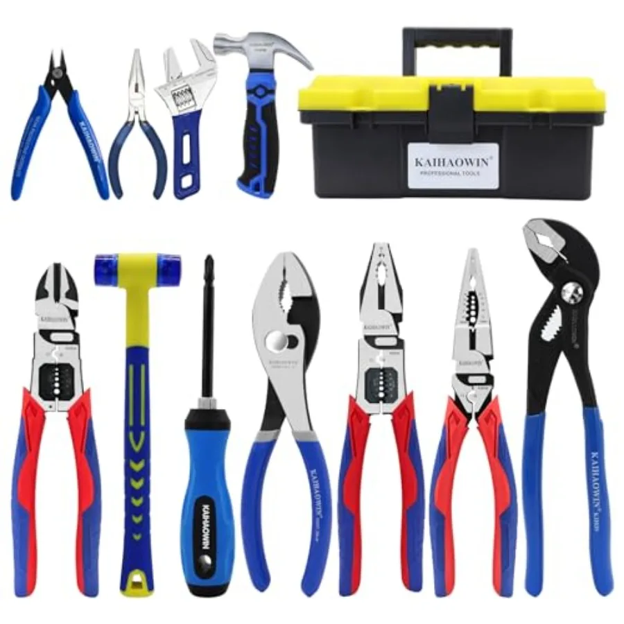 11-Piece Home Tool Kit with Carry Case - CR-V Steel Pliers Set Wrench Hammer Screwdriver and Wire Cutter for DIY Repair Automot
11-Piece Home Tool Kit with Carry Case - CR-V Steel Pliers Set Wrench Hammer Screwdriver and Wire Cutter for DIY Repair Automot