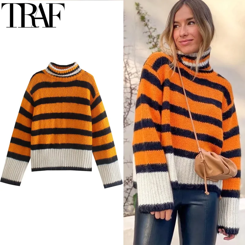 TRAF Female Sweater Pullovers Turtleneck Striped Knitted Sweater Women Autumn Winter Long Sleeve Short Sweaters Woman Jumper
TRAF Female Sweater Pullovers Turtleneck Striped Knitted Sweater Women Autumn Winter Long Sleeve Short Sweaters Woman Jumper