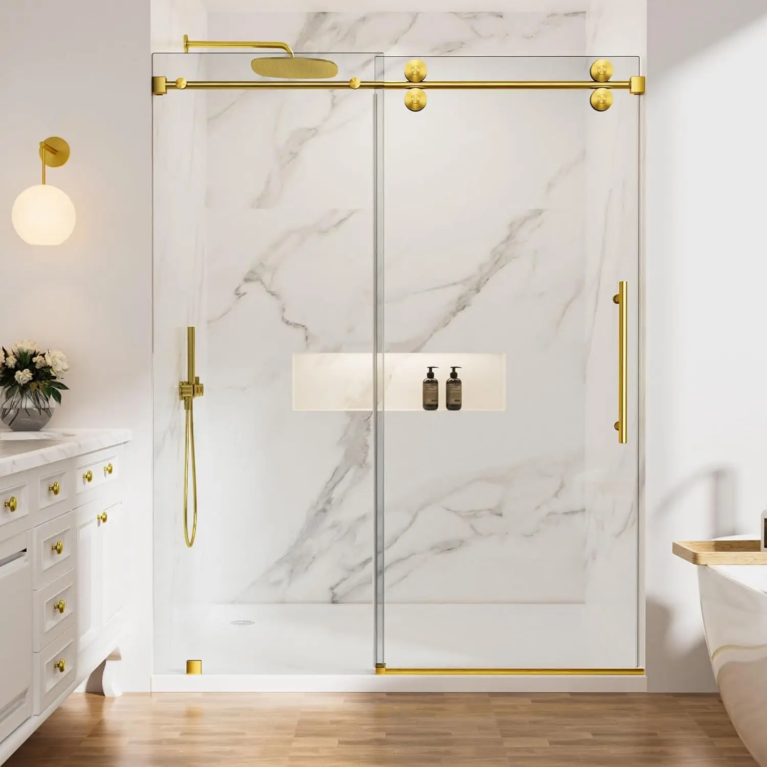 Frameless Shower Door 62-66" W x 76" H, 3/8" , Sliding Glass Shower Door, Gold Shower Door with 304 Stainless Steel Hardware
Frameless Shower Door 62-66" W x 76" H, 3/8" , Sliding Glass Shower Door, Gold Shower Door with 304 Stainless Steel Hardware