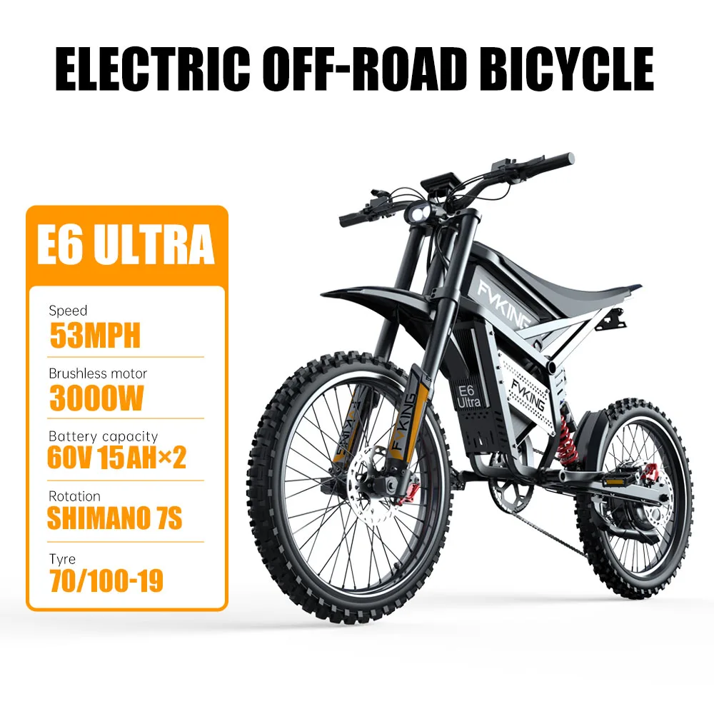 FVKING E6 Ultra Electric Bike 6000W Peak Electric Dirt Bike 60V30AH Battery 100km Speed 80Kmh Mountain Electric Motorcycle adult
FVKING E6 Ultra Electric Bike 6000W Peak Electric Dirt Bike 60V30AH Battery 100km Speed 80Kmh Mountain Electric Motorcycle adult
