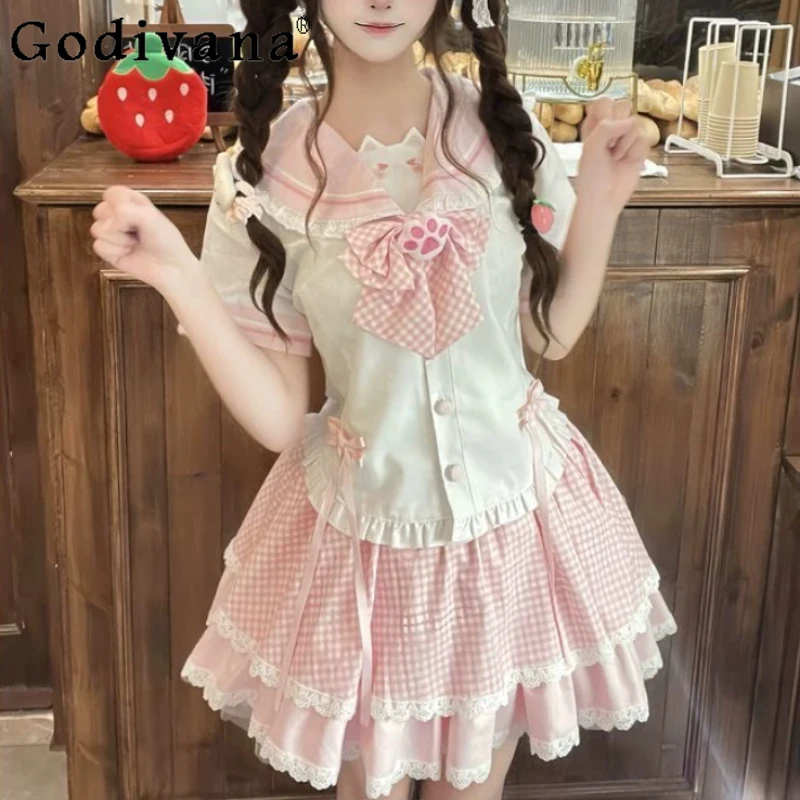 Lolita Sweet Pink Plaid Long Short Sleeve Navy Collar Shirt Fashion Elastic Waist Japanese Cake Skirt Spring Summer New Sets
Lolita Sweet Pink Plaid Long Short Sleeve Navy Collar Shirt Fashion Elastic Waist Japanese Cake Skirt Spring Summer New Sets